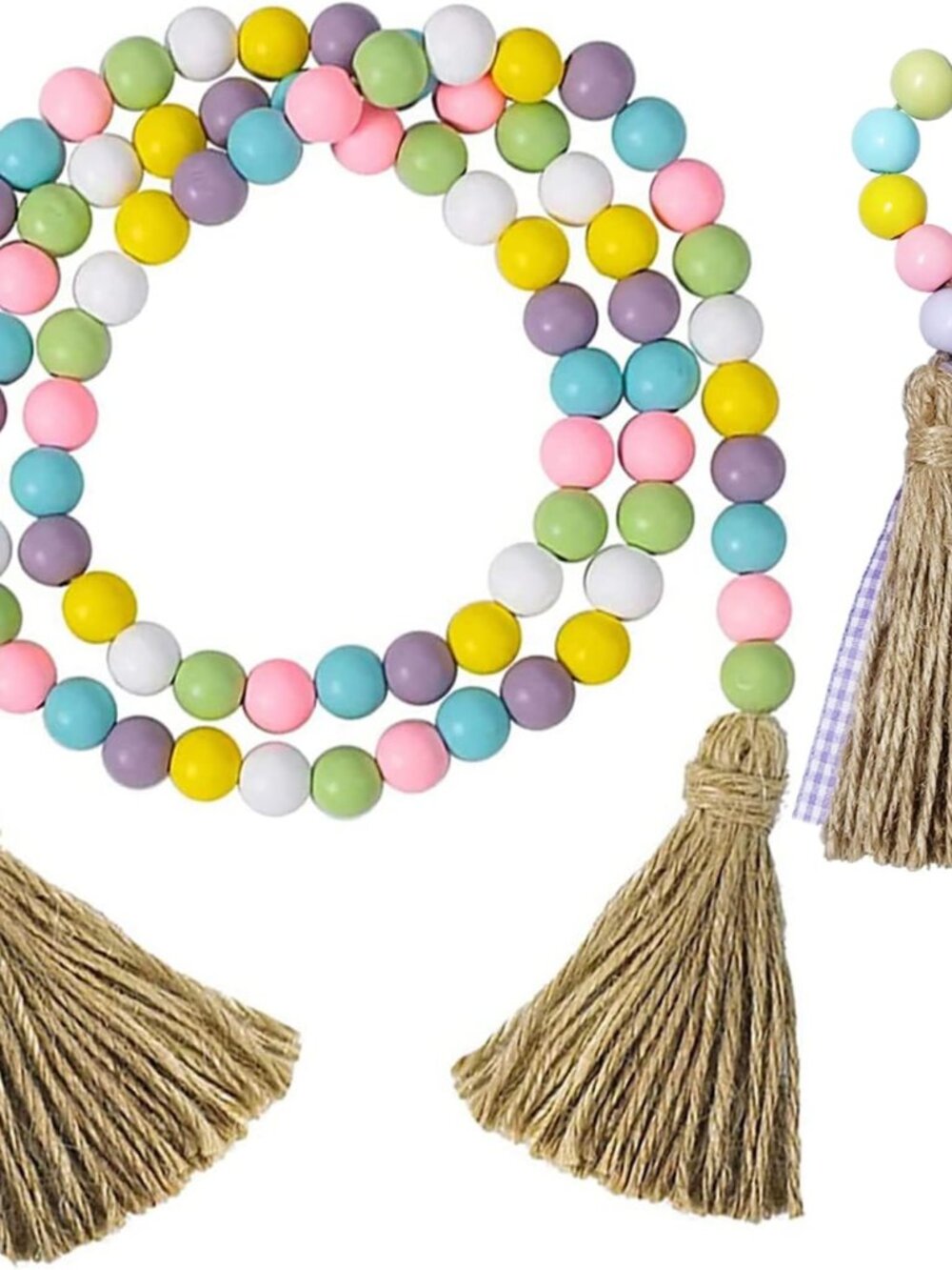 Easter Wood Beads Garland with Tassel, 2 Pack Spring Boho Decor, 34" Long, Pink,